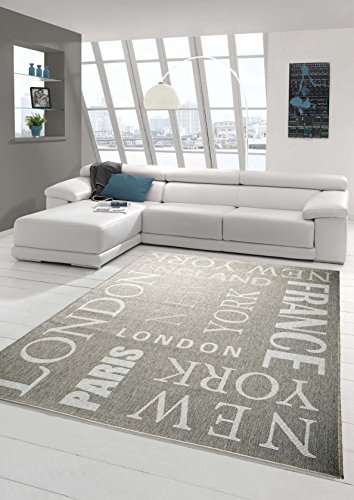 Traum Teppich Küchenläufer Flachgewebe Teppich Sisal Optik modernes Design Städte New York London Paris City in grau weiß Größe 160x220 cm von Teppich-Traum