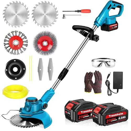 Akku Rasentrimmer mit 2× 4000mAh Akku 21V, 750W Bürstenloser Motor Rasentrimmer mit Unkrautbürste, Freischneider mit 4 in 1 Messer und Ladegerät Akku Rasentrimmer mit 2× 4000mAh Akku 21V, 750W Bürstenloser Motor Rasentrimmer mit Unkrautbürste, Freischneider mit 4 in 1 Messer und Ladegerät von Traumheim