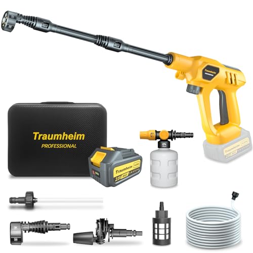 Traumheim Akku Hochdruckreiniger mit 4000 mAh Akku,Druckreiniger 3-Gang-Modus Max 120Bar,Bürstenloser Motor,6-in-1 Düse und 180° Drehbare Düse,Kabelloser Hochdruckreiniger für Auto,Fenster,Terrasse von Traumheim