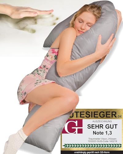 Traumreiter Schwangerschaftskissen Memory Foam Hybrid Kissen mit Bezug Grau, zum Schlafen, J-Form Seitenschläferkissen XXL Stillkissen Schwangerschaft Komfortkissen Erwachsene (Visco J L) von Traumreiter