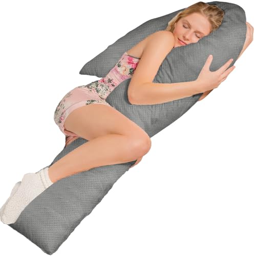 Traumreiter Seitenschläferkissen Visco J-L mit Bezug Deluxe Grau - Hybrid Kissen + 1cm Memory Foam – J Form Schwangerschaftskissen Gel Body Pillow Komfortkissen Ergonomie Zertifiziert von Traumreiter