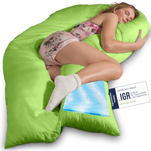 Traumreiter Seitenschläferkissen Visco XXL mit Bezug Baumwolle Apfelgrün, Hybrid Kissen +1cm Memory Foam Schwangerschaftskissen U Form Gel Body Pillow Komfortkissen Ergonomie Zertifiziert von Traumreiter