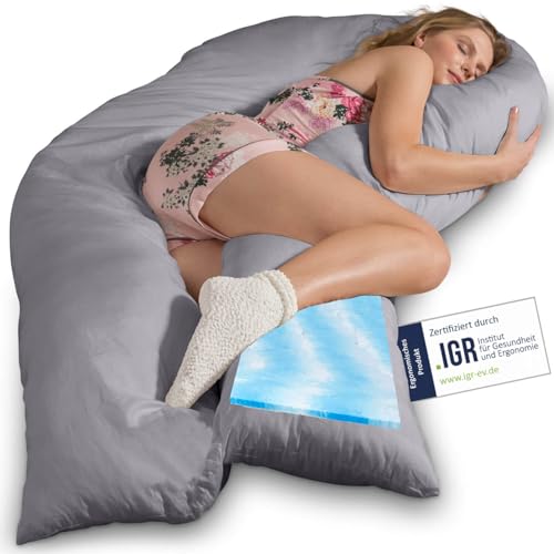 Traumreiter Seitenschläferkissen Visco XXL mit Bezug Baumwolle Blei Grau. Hybrid Kissen +1cm Memory Foam Schwangerschaftskissen U Form Gel Body Pillow Komfortkissen Ergonomie Zertifiziert von Traumreiter