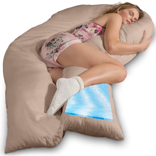 Traumreiter Seitenschläferkissen Visco XXL mit Bezug Baumwolle Hell Braun. Hybrid Kissen +1cm Memory Foam Schwangerschaftskissen U Form Body Pillow Komfortkissen Ergonomie Zertifiziert von Traumreiter