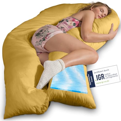 Traumreiter Seitenschläferkissen Visco XXL mit Bezug Baumwolle Messing, Hybrid Kissen +1cm Memory Foam Schwangerschaftskissen U Form Gel Body Pillow Komfortkissen Ergonomie Zertifiziert von Traumreiter
