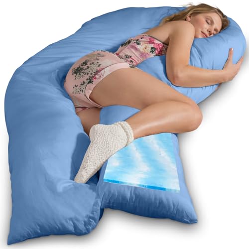 Traumreiter Seitenschläferkissen Visco XXL mit Bezug Baumwolle Mittel Blau. Hybrid Kissen +1cm Memory Foam Schwangerschaftskissen U Form Gel Body Pillow Komfortkissen Ergo-Zertifiziert von Traumreiter