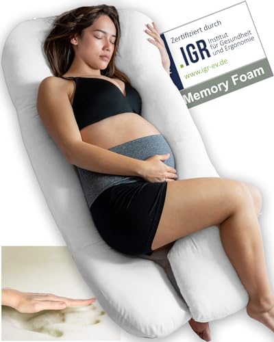 Traumreiter Seitenschläferkissen Visco M mit Bezug Weiß, Hybrid Kissen + 1cm Memory Foam, U Form Schwangerschaftskissen Gel Body Pillow Komfortkissen Erwachsene, Ergonomie Zertifiziert von Traumreiter