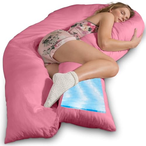 Traumreiter Visco XXL Seitenschläferkissen + Bezug Baumwolle Pink - Hybrid Kissen + 1cm Memory Foam - U förmiges Schwangerschaftskissen Gel Body Pillow - Lagerungskissen Ergonomie Zertifiziert von Traumreiter