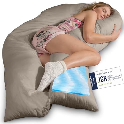 Traumreiter Visco XXL Seitenschläferkissen mit Bezug Baumwolle Leinen farbig - Hybrid Kissen + 1cm Memory Foam – Schwangerschaftskissen U förmig Gel Body Pillow Komfortkissen Ergonomie Zertifiziert von Traumreiter