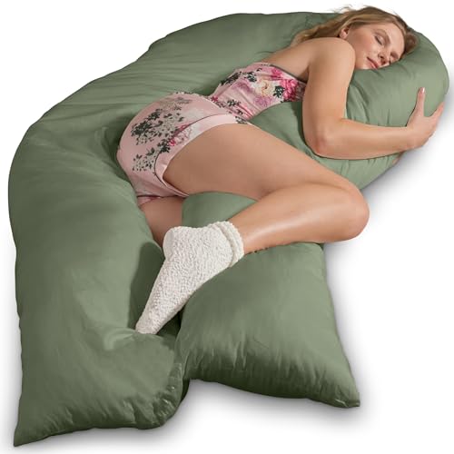 Traumreiter Seitenschläferkissen Visco XXL mit Bezug Baumwolle Oliv - Hybrid Kissen + 2cm Memory Foam - U förmiges Schwangerschaftskissen Gel Body Pillow - Lagerungskissen Ergonomie Zertifiziert von Traumreiter