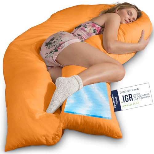 Traumreiter Seitenschläferkissen Visco XXL langes & hohes Hybrid Wendekissen mit Memory Foam [orthopädisch] + Watte Seite, Schwangerschaftskissen zum Schlafen Komfortkissen mit Bezug Baumwolle Orange von Traumreiter
