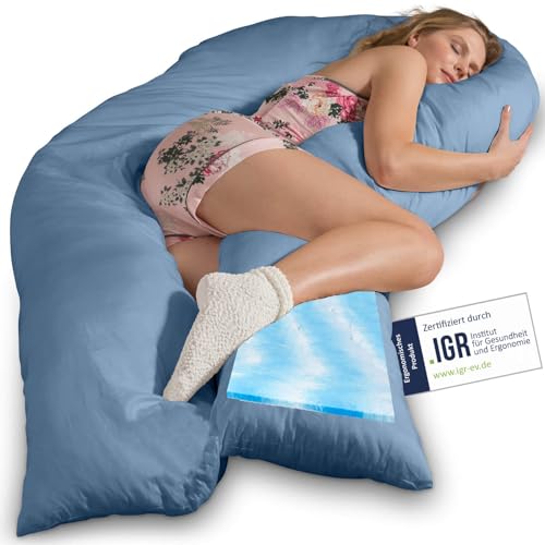 Traumreiter Visco XXL Seitenschläferkissen mit Bezug Baumwolle Taubenblau - Hybrid Kissen + 1cm Memory Foam - U förmiges Schwangerschaftskissen Gel Body Pillow Komfortkissen Ergonomie Zertifiziert von Traumreiter