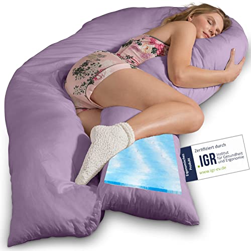 Traumreiter Seitenschläferkissen Visco XXL mit Bezug Baumwolle Flieder, Hybrid Kissen +1cm Memory Foam Schwangerschaftskissen U Form Gel Body Pillow Komfortkissen Ergonomie Zertifiziert von Traumreiter