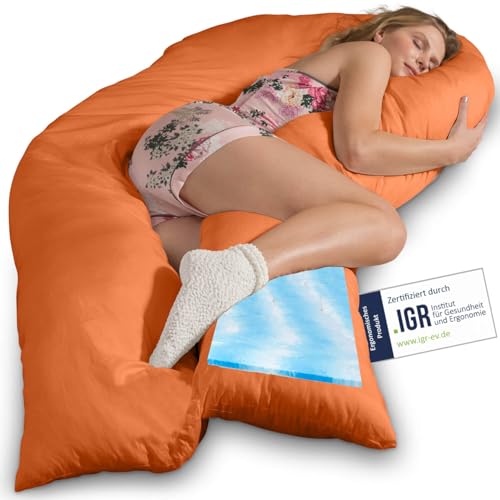 Traumreiter Seitenschläferkissen Visco XXL mit Bezug Baumwolle Terracotta, Hybrid Kissen +1cm Memory Foam Schwangerschaftskissen U Form Gel Komfortkissen Ergonomie Zertifiziert von Traumreiter