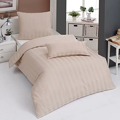 Traumschlaf Mako-Satin Bettwäsche Uni Streifen 4 cm beige, 1 Bettbezug 155 x 220 cm + 1 Kissenbezug 80 x 80 cm von Traumschlaf