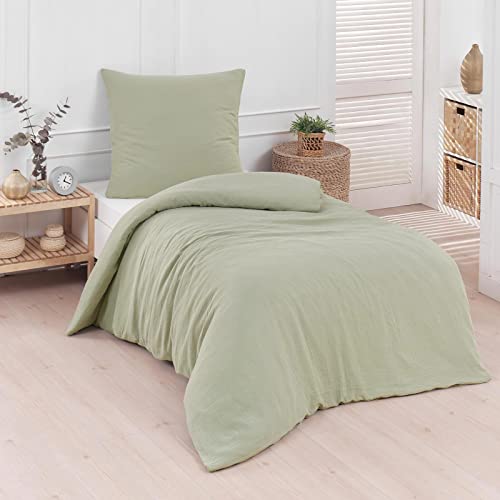 Traumschlaf Musselin Bettwäsche Uni grün, 1 Bettbezug 155 x 220 cm + 1 Kissenbezug 80 x 80 cm von Traumschlaf