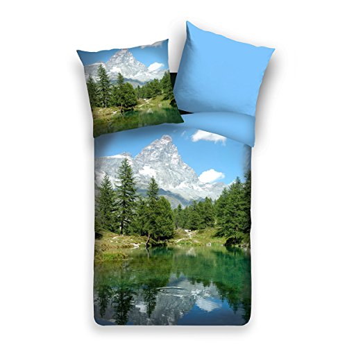 Traumschlaf Renforce Bettwäsche Set • Panorama Look Bergsee • Pflegeleicht • mit Reißverschluss • 135x200 cm + 80x80 cm von Traumschlaf