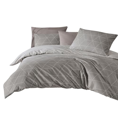 Traumschlaf Renforcé Bettwäsche • Modernes Linien-Design aus 100 % Baumwolle • mit Reißverschluss • moderner Look • 200x220 cm + 2X 80x80 cm beige von Traumschlaf