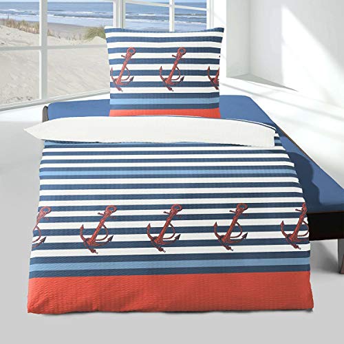 Traumschlaf Seersucker Bettwäsche Anker blau 1 Bettbezug 135 x 200 cm + 1 Kissenbezug 80 x 80 cm von Traumschlaf