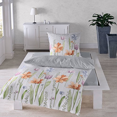 Traumschlaf Seersucker Bettwäsche Set • aus 100% Baumwolle in floralen Aquarell Blumen Muster • Bügelfrei 135x200 cm + 80x80 cm von Traumschlaf
