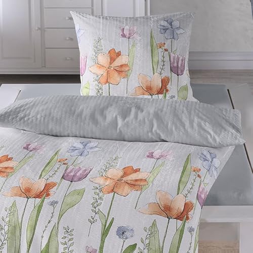Traumschlaf Seersucker Bettwäsche Set • aus 100% Baumwolle in floralen Aquarell Blumen Muster • Bügelfrei 135x200 cm + 80x80 cm von Traumschlaf