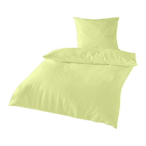 Traumschlaf Seersucker Bettwäsche Set • bügelfreie Sommerbettwäsche einfarbig Uni in tollen Farben mit Reißverschluss 200x200 cm + 2X 80x80 cm Limone von Traumschlaf