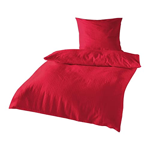 Traumschlaf Seersucker Bettwäsche Set • bügelfreie Sommerbettwäsche einfarbig Uni in tollen Farben mit Reißverschluss 200x200 cm + 2X 80x80 cm rot von Traumschlaf
