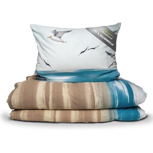 Traumschlaf Seersucker Sommer Bettwäsche Set aus 100 % Baumwolle • Maritimes Seemöwen-Motiv • Bügelfrei & Atmungsaktiv • Mit Reißverschluss • Hautfreundlich & Pflegeleicht • 135x200 cm + 80x80 cm von Traumschlaf