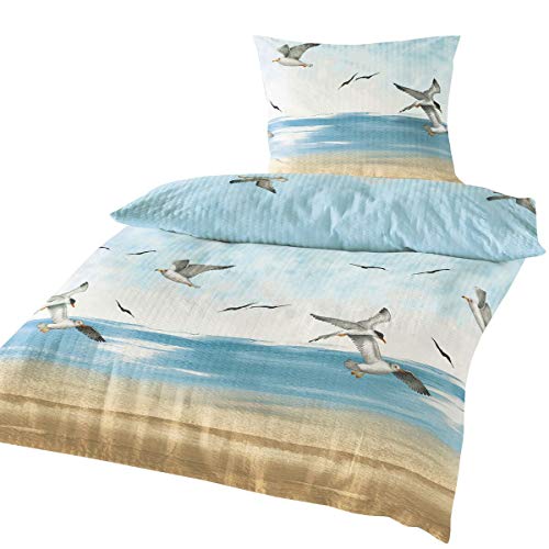 Traumschlaf Seersucker Sommer Bettwäsche Set aus 100 % Baumwolle • Maritimes Seemöwen-Motiv • Bügelfrei & Atmungsaktiv • Mit Reißverschluss • Hautfreundlich & Pflegeleicht • von Traumschlaf