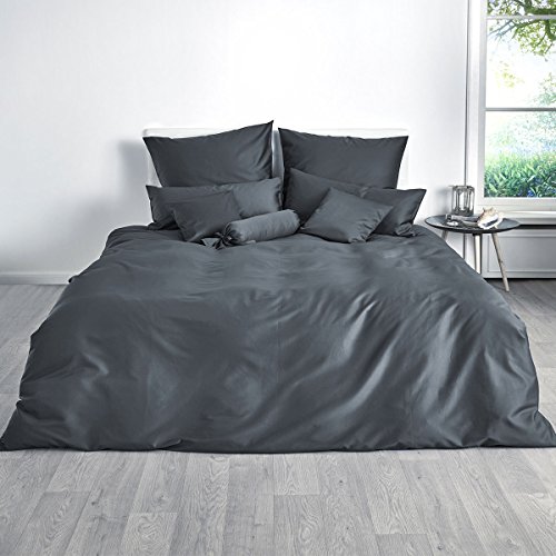 Traumschlaf Uni Mako-Satin Bettwäsche im Set 100% Baumwolle mit Reißverschluss 135x200 cm + 80x80 cm anthrazit von Traumschlaf