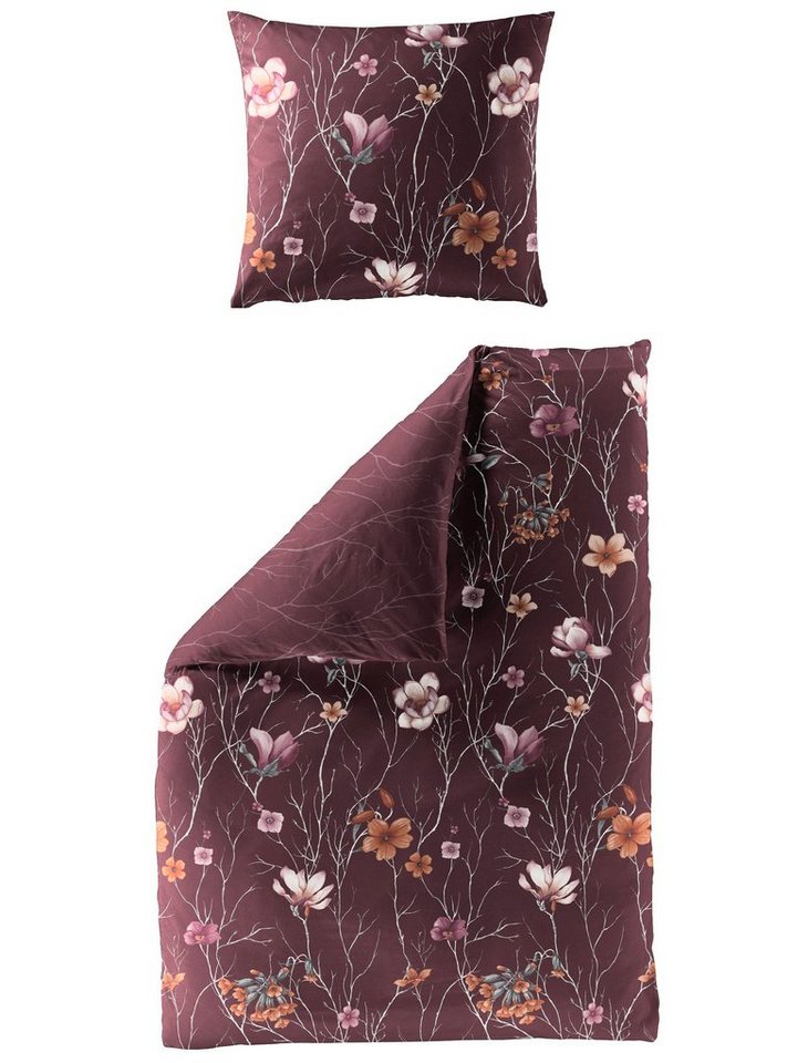 Bettwäsche Baumwolle, Traumschloss, Satin, 2 teilig, Blumen auf rubinfarbendem Hintergrund von Traumschloss