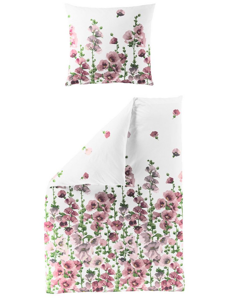 Bettwäsche Baumwolle, Traumschloss, Seersucker, 2 teilig, mit frischen Blumen in rosa auf weißem Hintergrund von Traumschloss