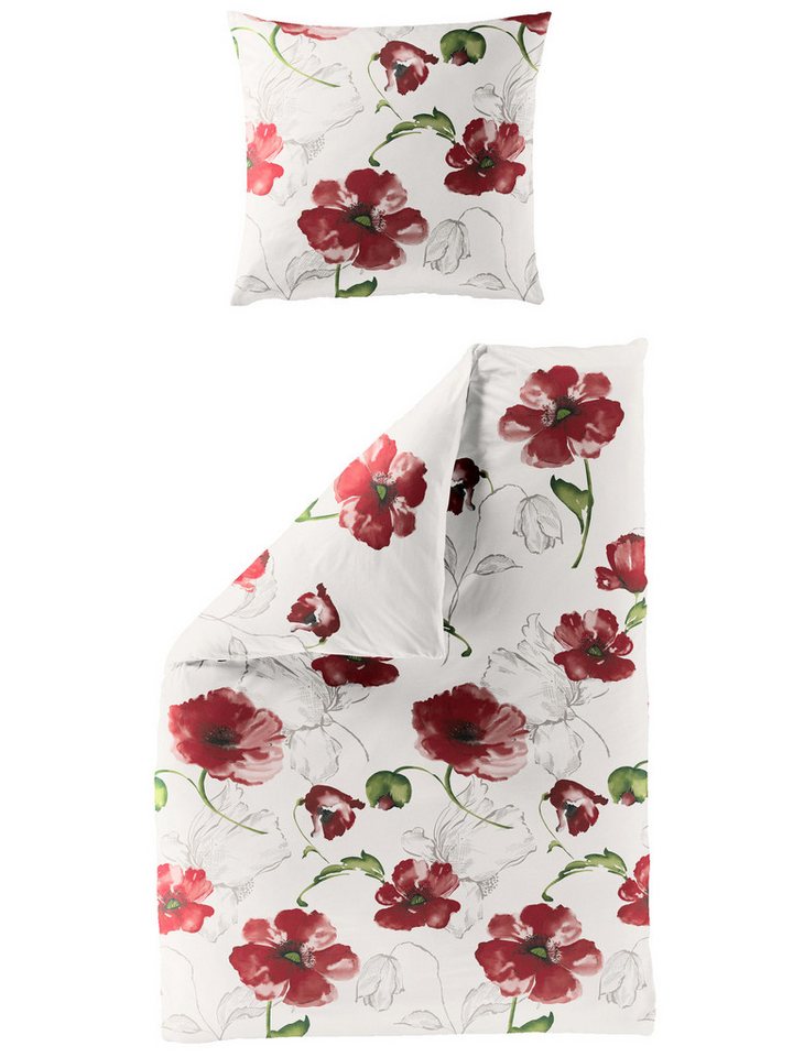 Bettwäsche Baumwolle, Traumschloss, Seersucker, 2 teilig, rote Blumen auf weißem Hintergrund von Traumschloss