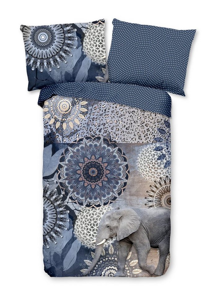 Bettwäsche Comfort Baumwolle, Traumschloss, Flanell, 2 teilig, blaue Mandalas mit Elefant von Traumschloss