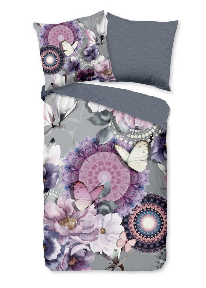 Bettwäsche Comfort Baumwolle, Traumschloss, Flanell, 2 teilig, lila Mandalas mit Blumen und Schmetterlingen, grau von Traumschloss
