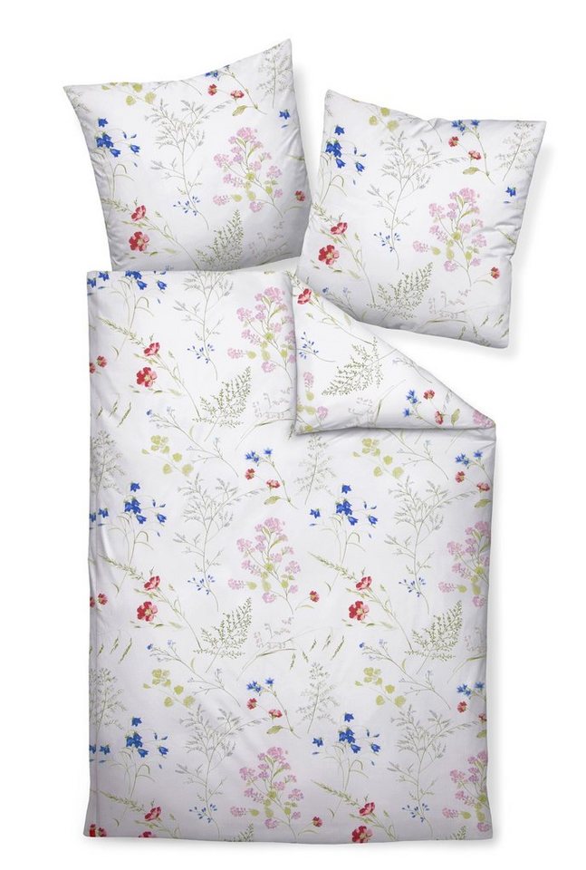 Bettwäsche Deluxe Premium, Traumschloss, Seersucker, 2 teilig, weiße Bettwäsche verziert mit Blumen und Sträuchern von Traumschloss