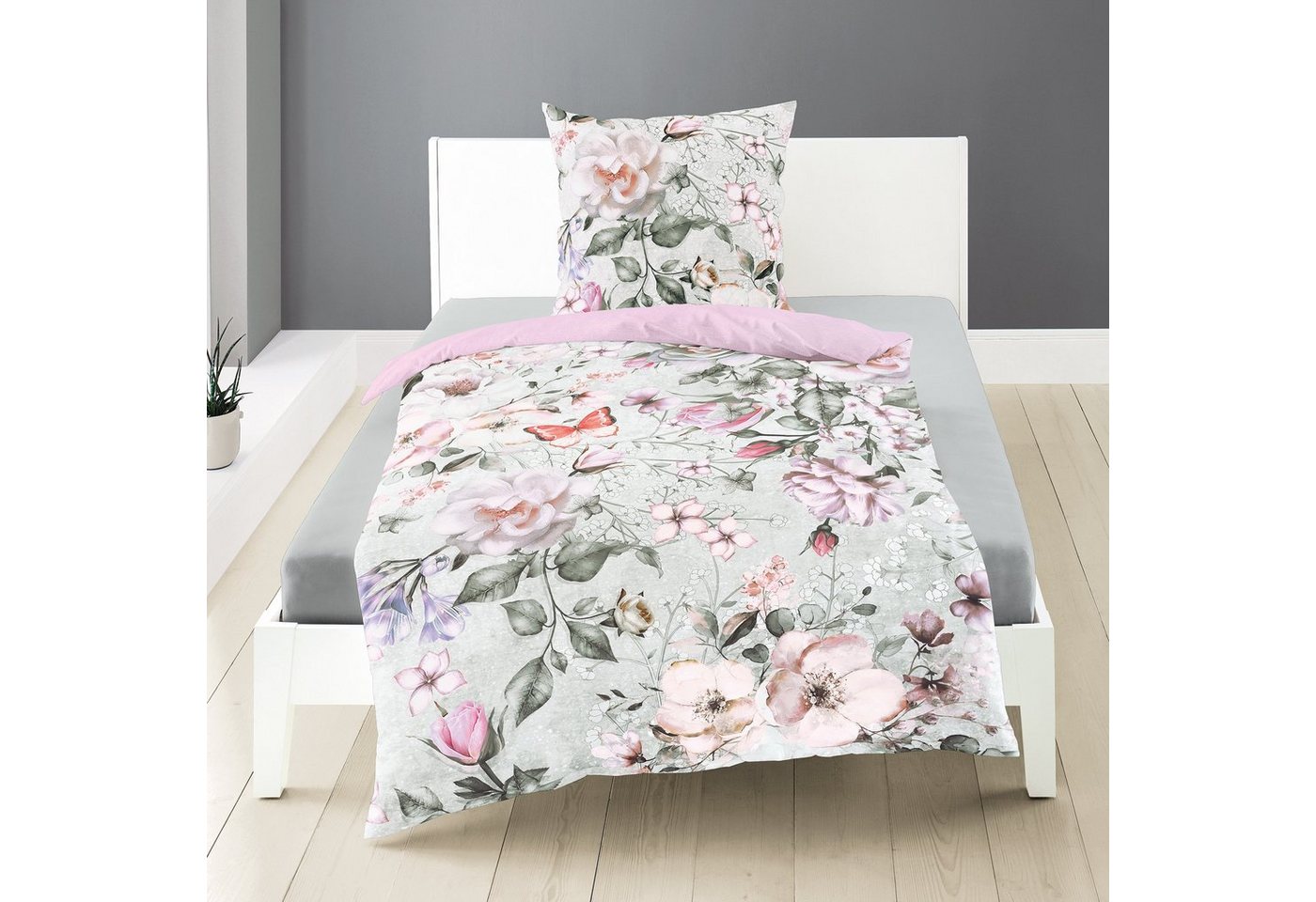 Bettwäsche Mako-Baumwolle, Traumschloss, Mako-Satin, 2 teilig, Digitaldruck, frische Blumen mit Wendeoptik in rosé von Traumschloss