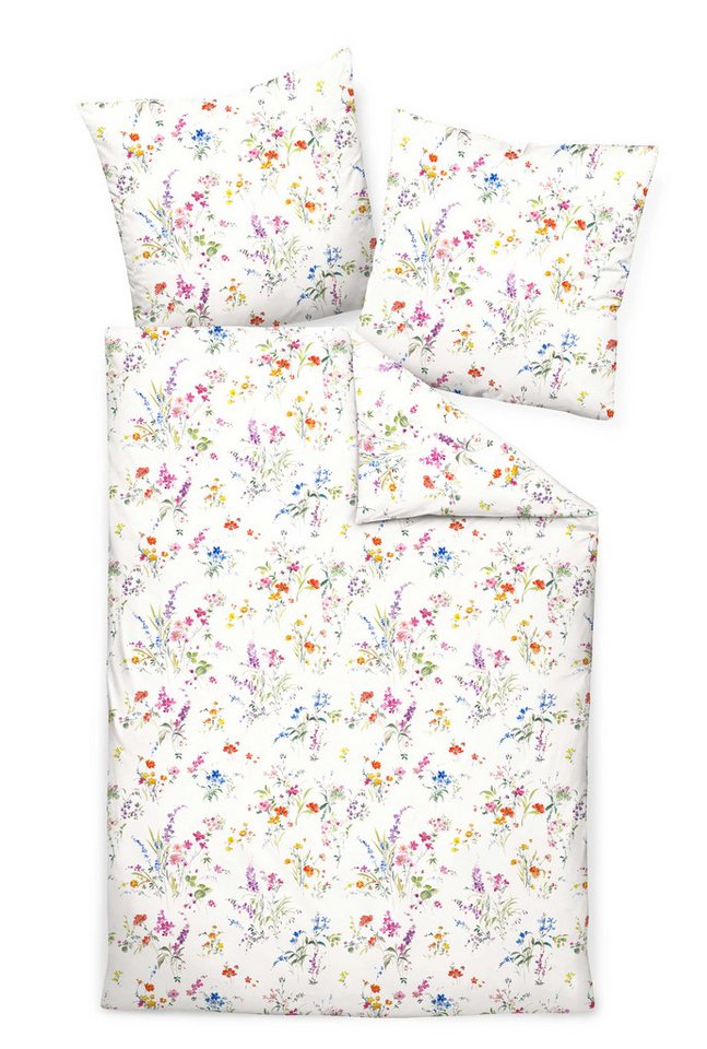 Bettwäsche Satin, Traumschloss, Satin, 2 teilig, farbenfrohe Blumen auf weißem Untergrund von Traumschloss