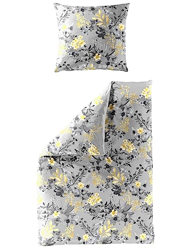 Traumschloss Bettwäsche »Mako-Satin« 100% Baumwolle | Reißverschluss | 155x220 & 80x80 | mit Blumen in gelb auf grauem Hintergrund von Traumschloss