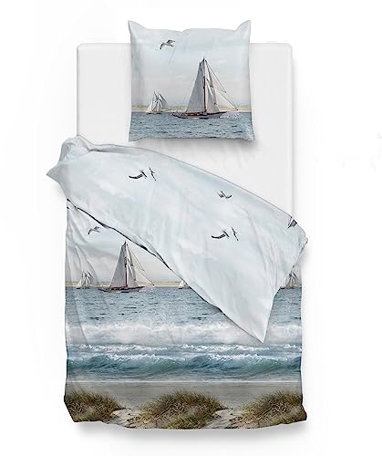 Traumschloss Classic Flanell Wende-Bettwäsche »Segelboot« Segelboote, Möwen, Düne, Meer, 155x220 & 80x80, 100% Baumwolle, wärmend & kuschelig, mit Reißverschluss, bestehend aus Kissen und Bettbezug von Traumschloss