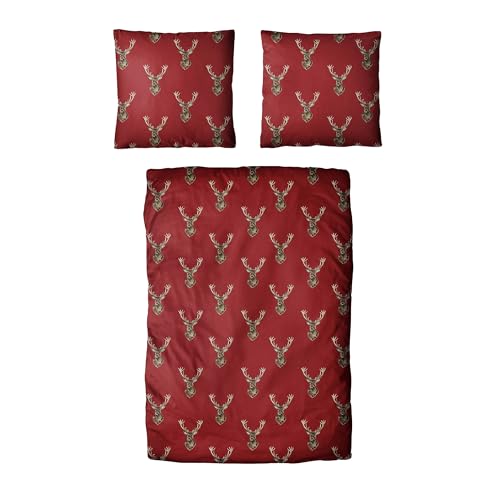 Traumschloss Classic Microfaser Flanell Bettwäsche, Hirsch, Muster, rot, 135x200 & 80x80, 100% Polyester, wärmend & kuschelig, mit Reißverschluss bestehend aus Kissen und Bettbezug von Traumschloss