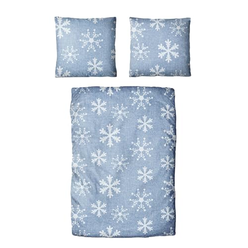 Traumschloss Classic Microfaser Flanell Bettwäsche, Schneeflocken, Blauer Hintergrund, 155x220 & 80x80, 100% Polyester, wärmend & kuschelig, mit Reißverschluss bestehend aus Kissen und Bettbezug von Traumschloss