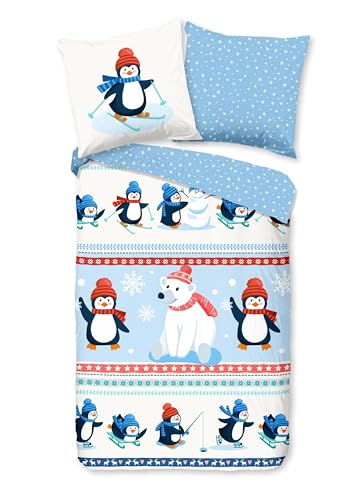 Traumschloss Comfort Flanell Bettwäsche »Penguins«, Pinguine und Eisbär im Winterland, Schneeflocken, 135x200 & 80x80, 100% Baumwolle, wärmend & kuschelig, mit Reißverschluss, Kissen und Bettbezug von Traumschloss