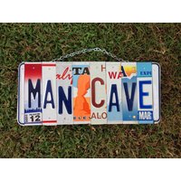 Man Cave License Plate Sign, Fathers Day Gift Idea, Decor For Men, Recycled Plate, A Guy, Metal Sign von TravelingSoulStudio