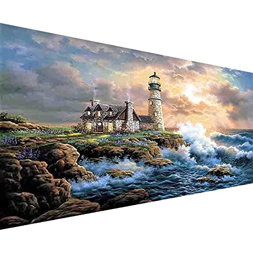 5D Diamond Painting Leuchtturm Diamant Painting Bilder Erwachsene Groß xxl Diamant Malerei Kits Diamond Painting Meerblick Malen nach Zahlen wohnzimmer bilder für die Inneneinrichtung (150x60cm) von Trayosin