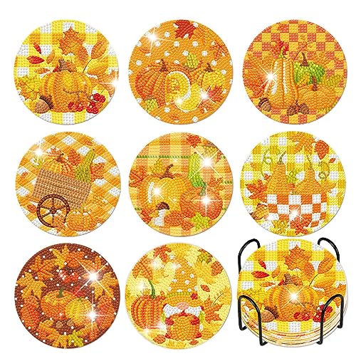 8 Stücke Diamond Painting Halloween Untersetzer Set, mit Halter, Diamant Malerei Kürbis Ahornblatt-Muster, Wiederverwendbare Küchen Tassenuntersetzer von Trayosin