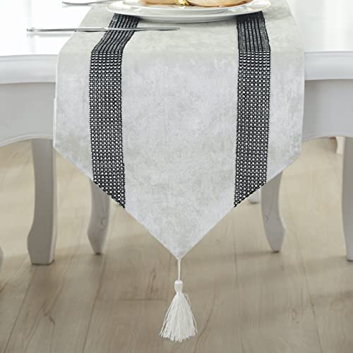 Luxus Samt Stilvolle Atmosphäre Minimalistischen Modernen Diamanten Tischläufer/Tischdecke mit Quaste für Partys | Abendessen | Feiertage | Küche | Thanksgiving | Weihnachten (Weiß,33x180cm) von Trayosin