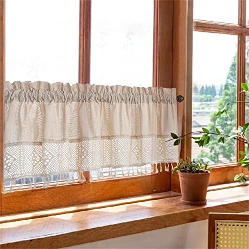 Trayosin 2er Set Scheibengardine mit Quaste, Baumwolle und Leinen Landhausstil Bistrogardine, Küchen Vorhänge Kurzer Gardine Scheibengardinen Fensterschal für Wohnzimmer Landhaus (132x46cm) von Trayosin