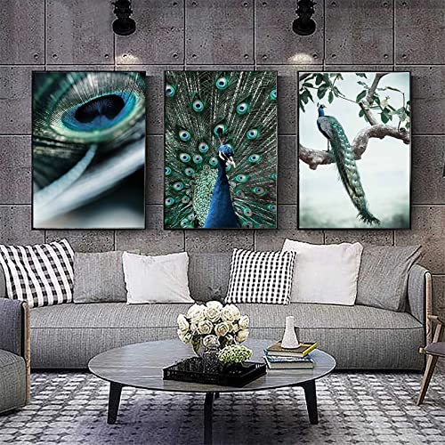 Trayosin 3-teilige Poster Set, Luxuriöse Pfau Federn Wandbilder Wohnzimmer Modern,Leinwand Bild Kunstdruck,Schlafzimmer Bilder Elegante Wanddeko,ohne Bilderrahmen (50x70cm) von Trayosin