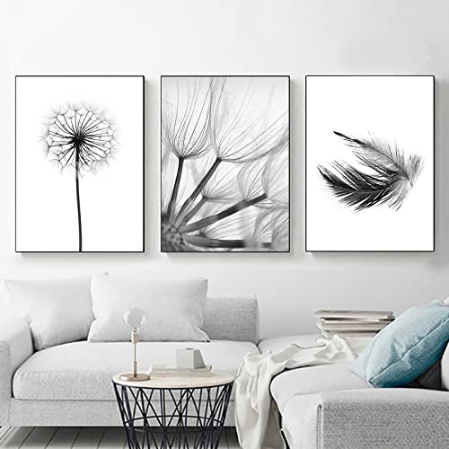 Trayosin 3-teiliges Moderne Poster Set Premium Aesthetic Schwarz Weiß Feder Löwenzahn Bild Set Bilder Wohnzimmer Deko Schlafzimmer,Moderne Wandbilder,ohne Rahmen (21x30cm) von Trayosin